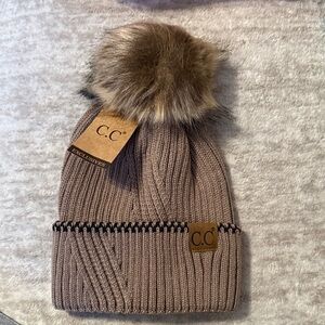 C.C Adult Knit Beanie with Faux Fur Pom-Pom